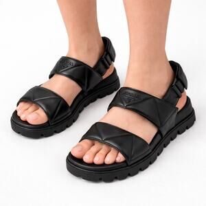 Prada Calzature Donna Logo 20mm Dad Sandal Black Nappa Leather Size 37